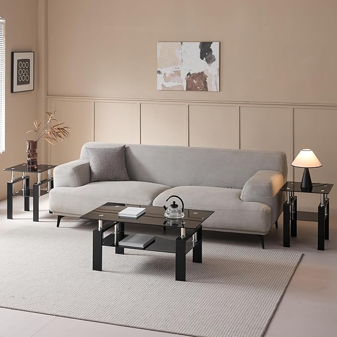 Black Glass Coffee Table for Living Room, Mordern Rectangle Tempered Glass Sofa Center Tables with Black Metal Leg for Home Office-Ruum Studio Home