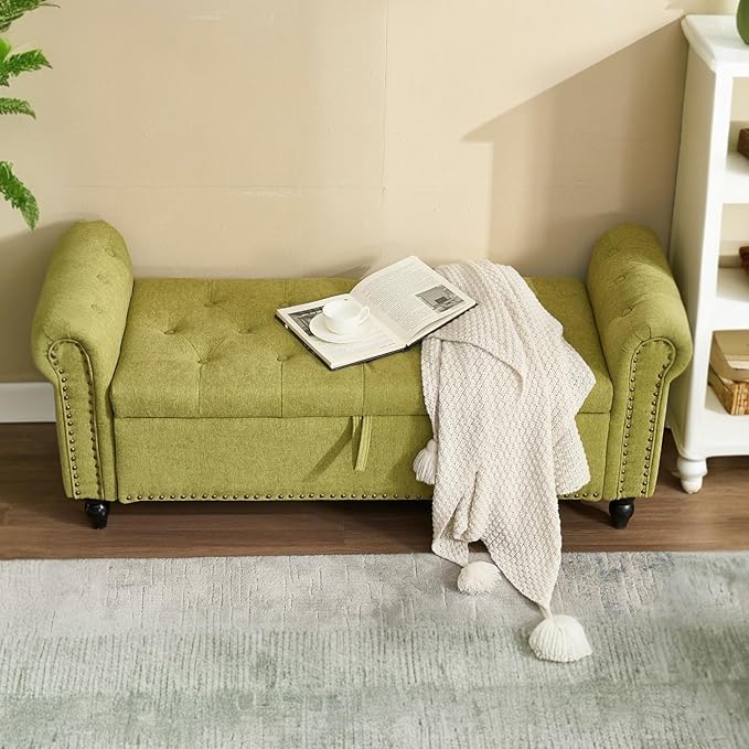 Furniliving 55” End of Bed Bench, Bedroom Bench with Button-Tufted, Large Upholstered Storage Ottoman Benches Entryway Bench with Storage Shoe Cabinet Bench, for Bedroom, Living Room, Linen, Green-Ruum Studio Home