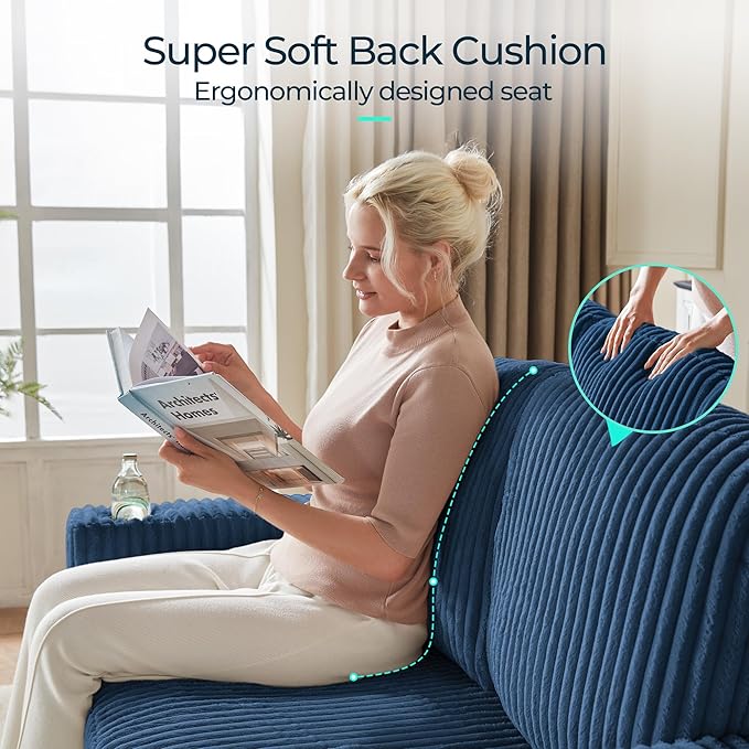 LINSY HOME Loveseat Sofa with Pull Out Couch Chaise: 2-in-1 Convertible 2 Seater Sofa with USB Charging & Cup Holders, Comfy Plush Corduroy Love Seat for Small Spaces Living Room Apartment, Blue-Ruum Studio Home