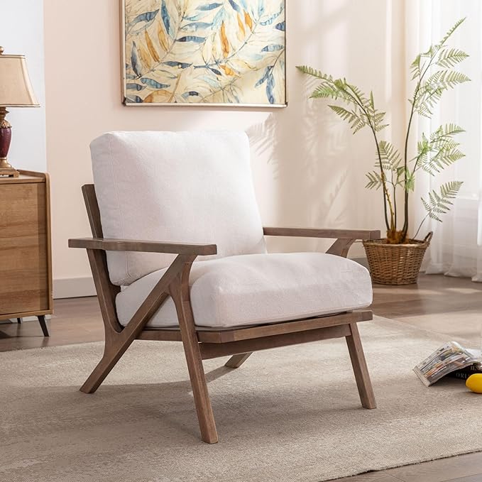 Wahson Mid Century Chair, Upholstered Accent Armchair, with Wood Frame and Removable Linen Cushions, Leisure Slipper Chair for Living Room/Bedroom, Cream-Ruum Studio Home