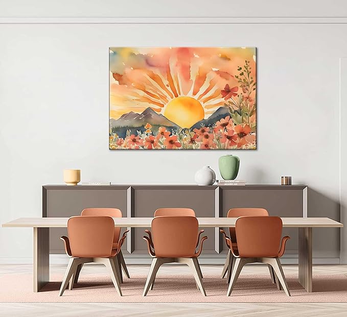 Boho Sun Canvas Wall art Mid-Century Modern Abstract Bohemian Sunset in The Mountains Watercolor Wildflowers Sunrise Landscape Picture Wall Decor Poster Print Artwork for Living Room Bedroom-Ruum Studio Home
