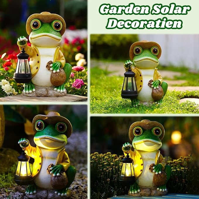 Large Frog Garden Statue, 13.3 Inches Tall, Resin Frog Decor with Solar Lantern for Outdoor Decoration and Housewarming-Ruum Studio Home