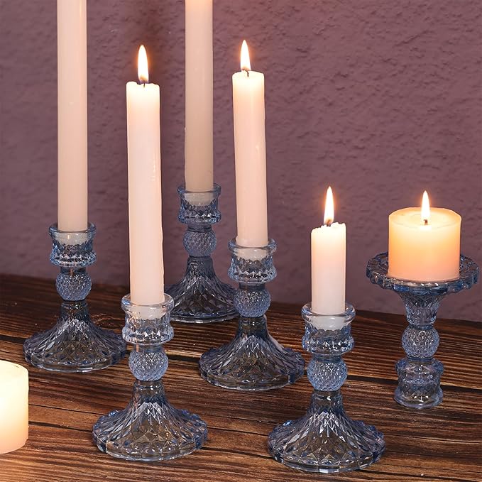 12Pcs 4" H Aqua Blue Candlestick Holders Set- Taper Candle Holders Bulk, Glass Candle Holders for Wedding, Party, Romantic Dinner Table Centerpieces, Festival Gifts & Windowsill Decor-Ruum Studio Home