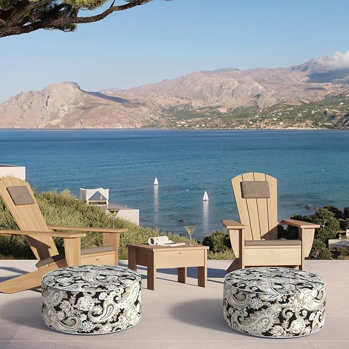 Inflatable Ottoman Stool D21 xH9 for Outdoor/Indoor Use, Water Repellent Patio Foot Rest Stool with Portable Handle,Round Pouf Ottoman Suitable for Garden,Deck and Camping - Paisley Black-Ruum Studio Home