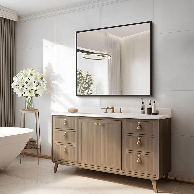 Black Bathroom Mirror for Wall, 30x30 Inch Rectangle Mirrors with Metal Frame, Modern Vanity Wall Square Mirror for Bathroom Living Room, Entryway Hangs Horizontal or Vertical-Ruum Studio Home