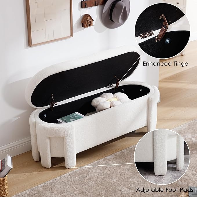 Modern Upholstered Storage Bench, Boucle Sherpa Fabric 50" Long Entryway Bench with Storage and Seating, Comfy Cute Ottoman Bench for Living Room/End of Bed/Hallway, White-Ruum Studio Home