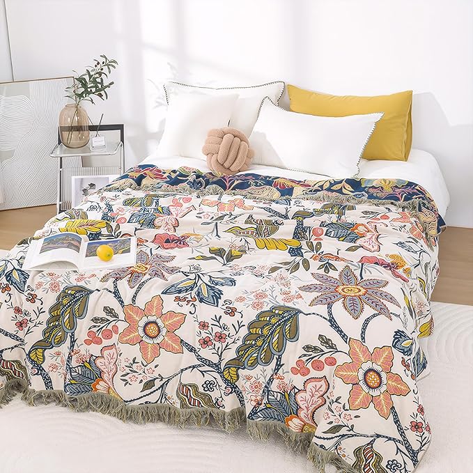 Snycler Boho Throw Blanket for Bed, 100% Organic Cotton Muslin Soft Throw-Floral Farmhouse Rustic Spring Summer Fall Decor Blanket for Couch Sofa Quilt and Gift, 60" x 80" White-Ruum Studio Home