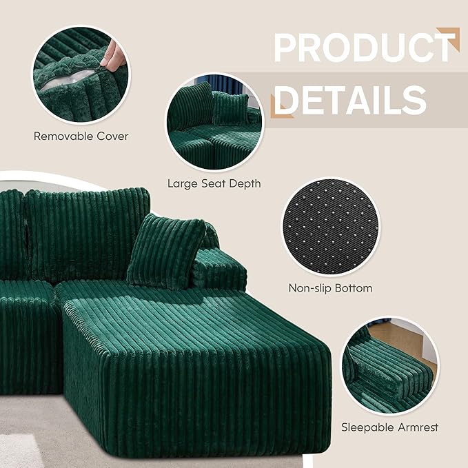 Hobestluk Modular Sectional Sofa Couches 108" L-Shape Couch 3 Seat Modular Sofa Memory Foam Sectional Couches for Living Room, Boneless Couch with Oversized Chaise (Green, Right Facing)-Ruum Studio Home
