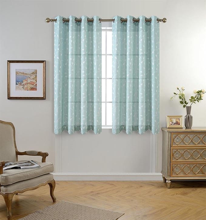 MIUCO Floral Embroidered Semi Sheer Curtains Faux Linen Grommet Window Panel Pair for Kitchen 52 x 63 Inch, Subtle Green-Ruum Studio Home