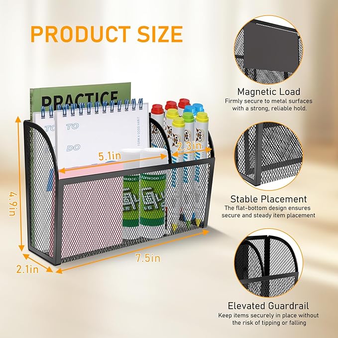 Magnetic Pencil Holder-Magnetic Basket for Fridge 3-Grid Mesh Magnetic Pen Holder for Refrigerator, Extra Strong Magnets Mesh Marker Holder Locker Accessories Organizer for Whiteboard-Ruum Studio Home