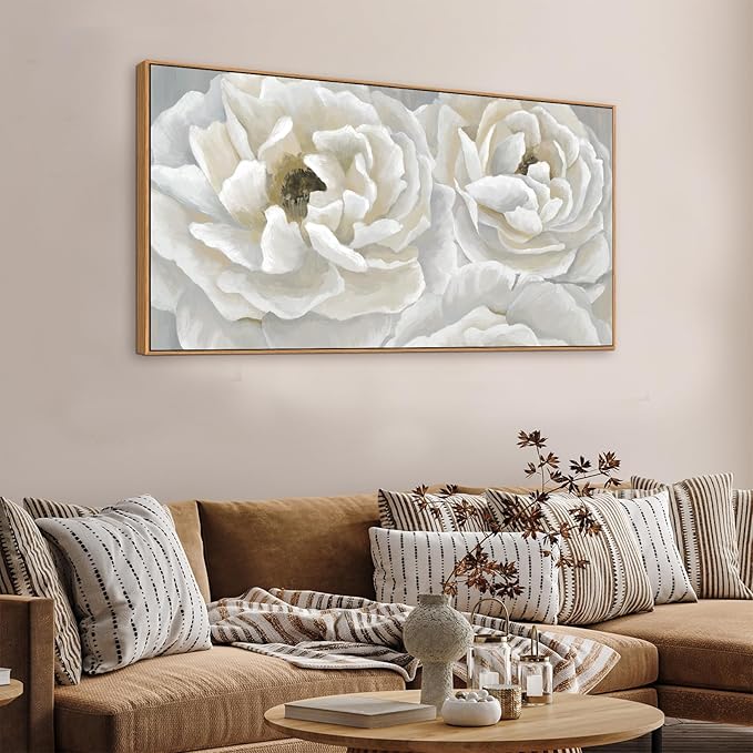 arteWOODS Cream White Flowers Framed Wall Art - Soft Peony Pictures for Wall Decor Elegant Blossom Flower Painting Artwork Botanical Prints for Living Room Home Office Wall Decoration 24" x 48"-Ruum Studio Home