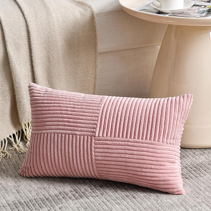 Fancy Homi 2 Packs Blush Pink Long Lumbar Decorative Throw Pillow Covers 12x24 Inch for Couch Bed Sofa, Rustic Farmhouse Boho Home Decor, Soft Striped Corduroy Rectangle Accent Cushion Case 30x60 cm-Ruum Studio Home