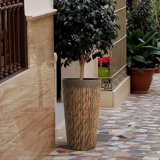 Worth Garden 22.5" H. Plastic Planters - Set of 2 Vintage Brown Tall Conical Plant Pots for Indoor Outdoor Use - Decorative Lightweight Flower Pots for Front Porch, Patio, Deck - 12.5" Dia x 22.5" H-Ruum Studio Home