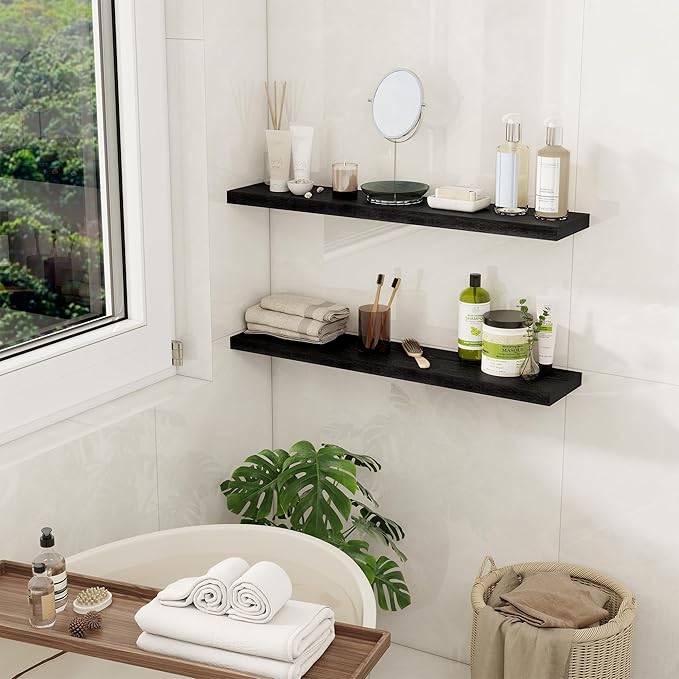 Fun Memories 32Inch Floating Shelves for Wall 2 Pack Wood Shelves for Kitchen, Bathroom, Bedroom Wall Mounted Rustic Wood Floating Shelf with Invisible Brackets for Books, Storage, Decor, Black-Ruum Studio Home