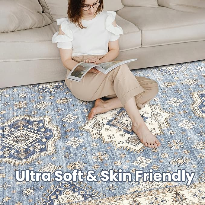 Washable Area Rugs for Living Room - 5x7 Neutral Vintage Distressed Floral Farmhouse Boho Large Soft Floor Rug Indoor Non Slip Carpet for Living Room Bedroom Dining Room Office - Blue-Ruum Studio Home