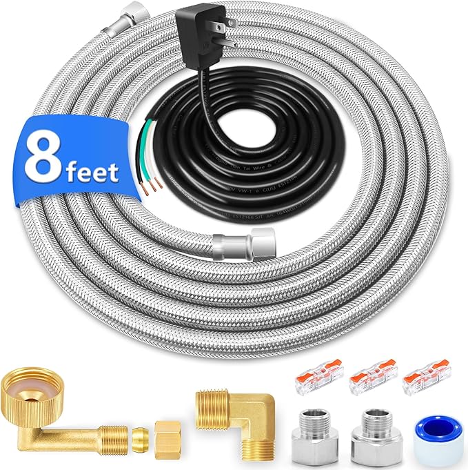 Dishwasher Installation Kit - 8 FT Stainless Steel Dishwasher Hose with 3/8" Compression Connections,Food Grade PEX Inner Tube Dishwasher Water Supply Line with Elbows,Adapters and 6 FT Power Cord-Ruum Studio Home