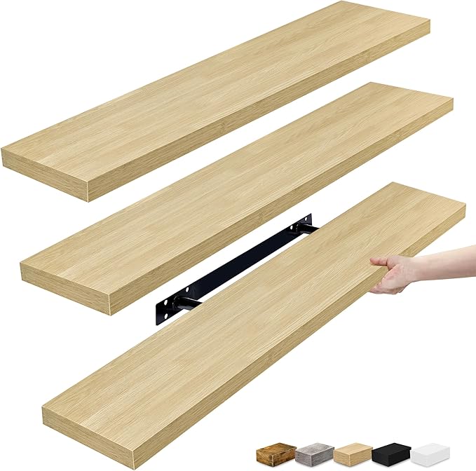Sorbus Floating Shelves for Wall - 35 Inch Long Bathroom Shelves, Wall Decor for Bedroom, Kitchen, Living Room & Book Storage - Mounted Floating Shelf with Invisible Brackets (Maple Wood, 3 Pack)-Ruum Studio Home