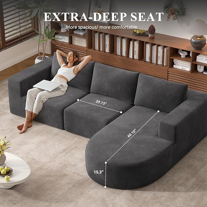 Modular Sectional Sofa with L-Shape Chaise,Cloud Sectional Modern Sleeper Couch with Deep Seat,Sponge Compression Sofas No Assembly Required(Dark Gray-Corduroy Fabric) 1PCS-Ruum Studio Home