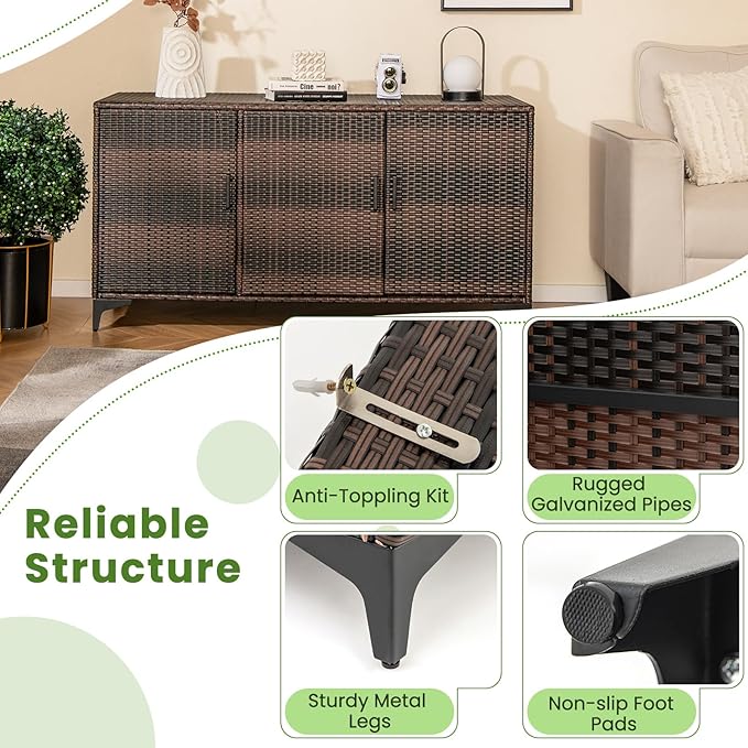 RELAX4LIFE 84-Gallon Outdoor Storage Box - Wicker Rattan 3-Door Patio Storage Cabinet Container w/Removable Shelves for Cushions, Garden Tools, Pool & Sports Equipment, Indoor Outdoor Deck Box (Brown)-Ruum Studio Home
