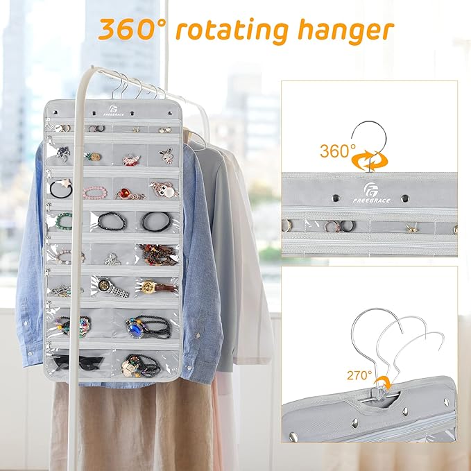 Freegrace Hanging Jewelry Organizer Revolving Hanger - Secure Zipper Closure - 25 Pockets,23 Hooks - Foldable Storage & Display Solution - For All Jewelry & Bijoux (Gray)-Ruum Studio Home
