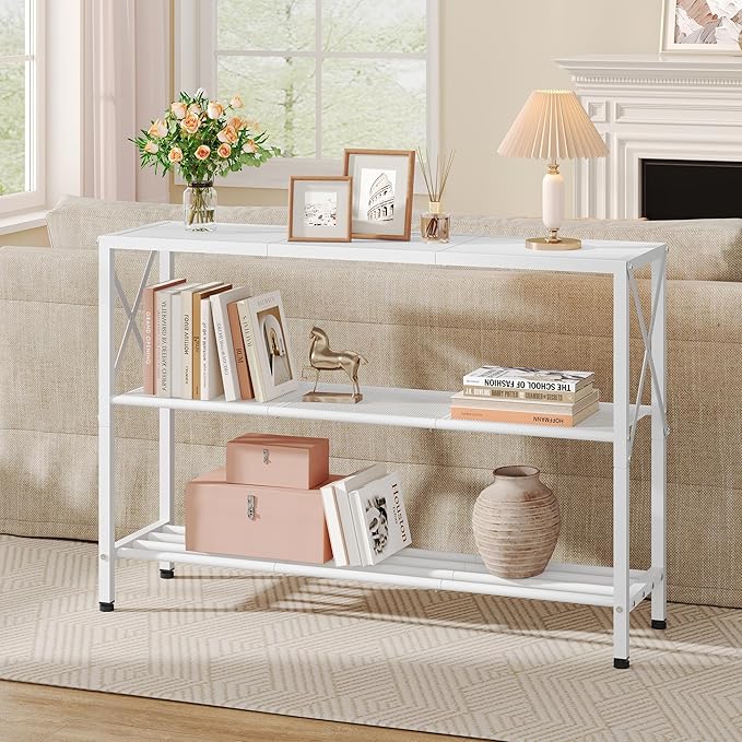 Hoctieon White Industrial Console Table, 3 Tier Entryway Tables, Hallway Desk, Narrow Sofa Tables with Shelves, Entrance Table for Entryway, Living Room, Foyer, Hallway, Office, White-Ruum Studio Home