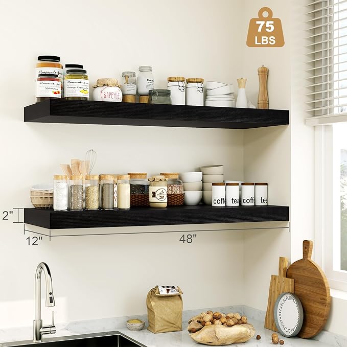 Heimlove Black Bathroom Shelves Floating Shelves for Wall Shelf Over Toilet Long Wall Mounted Modern Farmhouse,48 x 12 Shelves with Invisible Brackets for Living Room, Kitchen, Bedroom-Ruum Studio Home