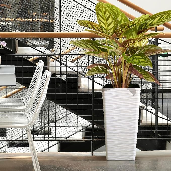 Worth Garden 22" Tall Planters Set of 2 - Plastic White Square Plant Pots - Modern Big Tapered Matte Wavy Tree Flower Pot for Indoor Outdoor Porch Deck-Ruum Studio Home