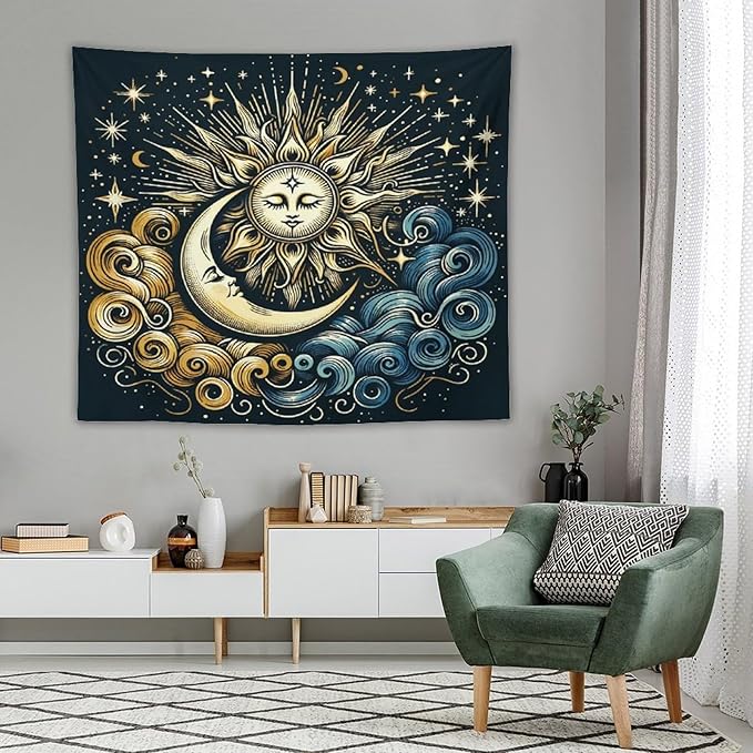 HZOHNAGO Sun Moon Tapestry Boho Golden Stars Pattern Printed Wall Tapestry Wall Hanging for Bedroom Living Room Dorm 60" W x 50" H-Ruum Studio Home