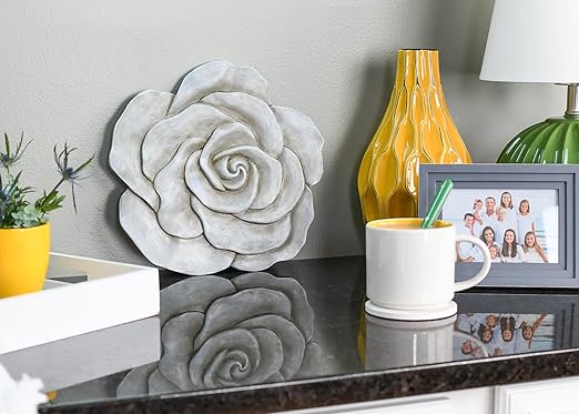NAT & Jules Rose Flower Shaped Dimensional Indoor Outdoor 12 inch Cast Resin Decorative Garden Stepping Stone, Patio, Walkway Sculpture Yard Art, Stone Grey-Ruum Studio Home