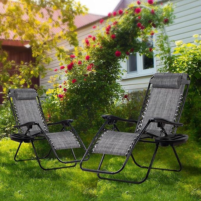 Nazhura Set of 2 Relaxing Recliners Patio Chairs Adjustable Steel Mesh Zero Gravity Lounge Chair Beach Chairs with Pillow and Cup Holder(Grey)-Ruum Studio Home