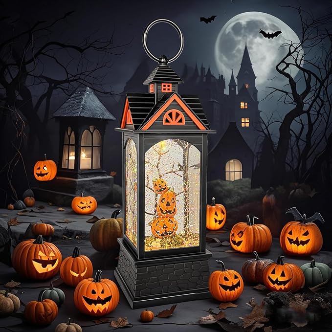 Halloween Snow Globe Lantern, Spooky Ghost Halloween Decor, Plug-in & Battery Operated Snow Globes for Halloween Decorations Indoor-Ruum Studio Home