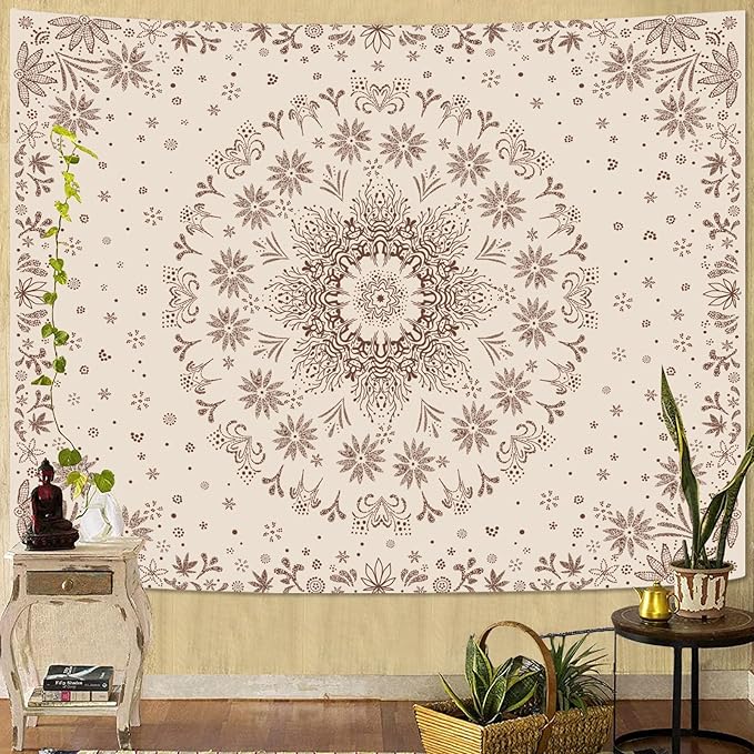 Fowocu Boho Floral Mandala Tapestry Wall Hanging Bohemian Flower Medallion Tapestry Aesthetic Beige Brown Hippie Indian Small Tapestries for Bedroom Living Room Dorm Decor 60 x 44 Inch-Ruum Studio Home
