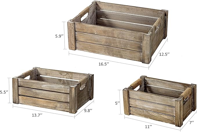 TIMRIS Set of 3 Rustic Wood Nesting Crates, Farmhouse Wooden Storage Container Boxes with Cutout Handles, Decorative Wooden Baskets for Display (Rustic Gray)-Ruum Studio Home