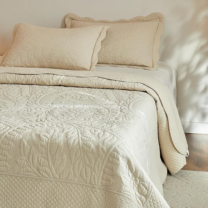 MarCielo 3-Piece 100% Cotton Oversized Bedspread Lightweight Quilt Coverlet Embroidery Farmhouse Bedding Set T0 (Yellowish Beige, Oversized King (118"x106"))-Ruum Studio Home
