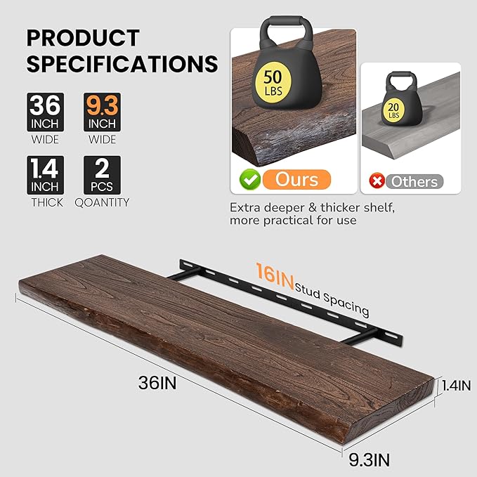 Floating Shelves for Wall, 36"x9.3" Rustic Solid Live-Edge Elm Wood Wall Shelves, Heavy-Duty Floating Shelves with Invisible Brackets, Set of 2 for Living Room, Bedroom, and Kitchen, Walnut Finish-Ruum Studio Home