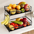 2 Tier Fruit Basket with 2 Banana Hangers, Fruit Bowl for Kitchen Countertop with 2 Wooden Handle, Detachable Metal Fruit Holder for Vegetable Bread with 2 Protective Pads, Black-Ruum Studio Home