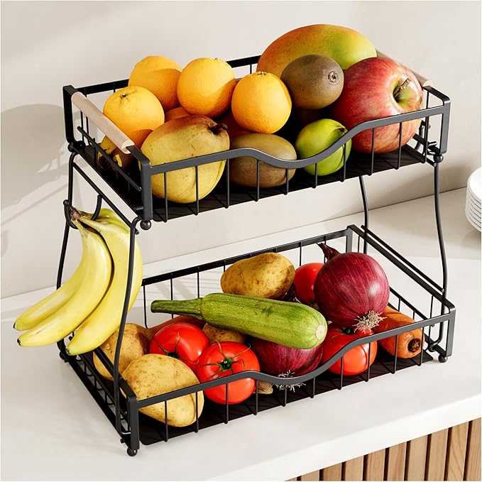 2 Tier Fruit Basket with 2 Banana Hangers, Fruit Bowl for Kitchen Countertop with 2 Wooden Handle, Detachable Metal Fruit Holder for Vegetable Bread with 2 Protective Pads, Black-Ruum Studio Home