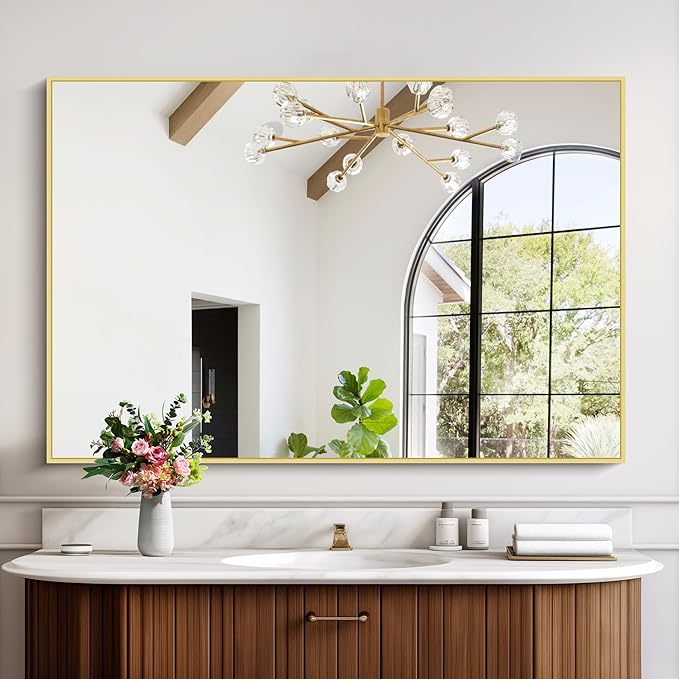 Gold Bathroom Mirror for Wall, 30x48 Inch Rectangle Mirrors with Metal Frame, Modern Vanity Wall Mirror Decor for Bathroom Living Room, Entryway Hangs Horizontal or Vertical-Ruum Studio Home