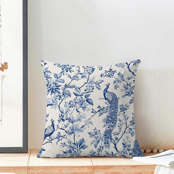 Navy Blue Spring Floral Pillow Covers 18 x 18 Inch Set of 2 for Chinoiserie Flowers Bird Decor Throw Pillows Vintage Plant Farmhouse Outdoor Decorative Cushion Cases for Couch Bed Decorations-Ruum Studio Home