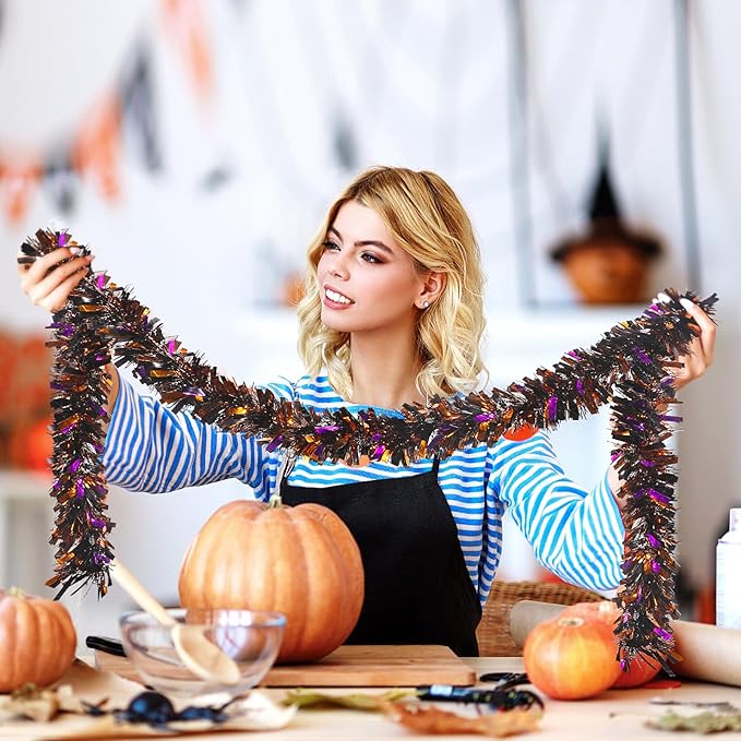 SAOROPEB 4 Pieces 26.4 Ft Halloween Tinsel Garland Metallic Shiny Twist Garland Hanging Decorations for Halloween Party Indoor and Outdoor Decor - Black Orange and Purple-Ruum Studio Home