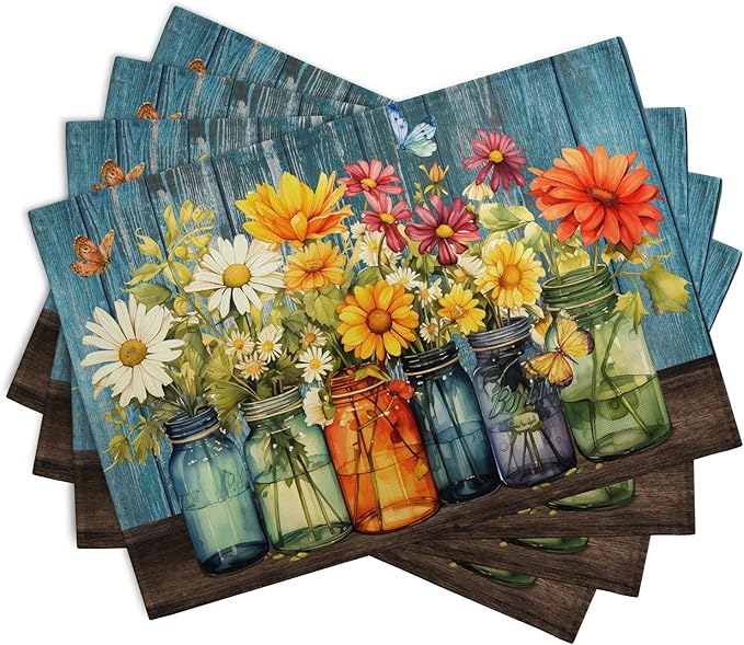Rustic Daisy Placemats Set of 4 Vintage Flower Vases Wood Grain Linen Table Mats 12x18 Inch Summer Floral Wooden Board Farmhouse Washable Place Mat for Party Kitchen Dining Outdoor Indoor Decor-Ruum Studio Home