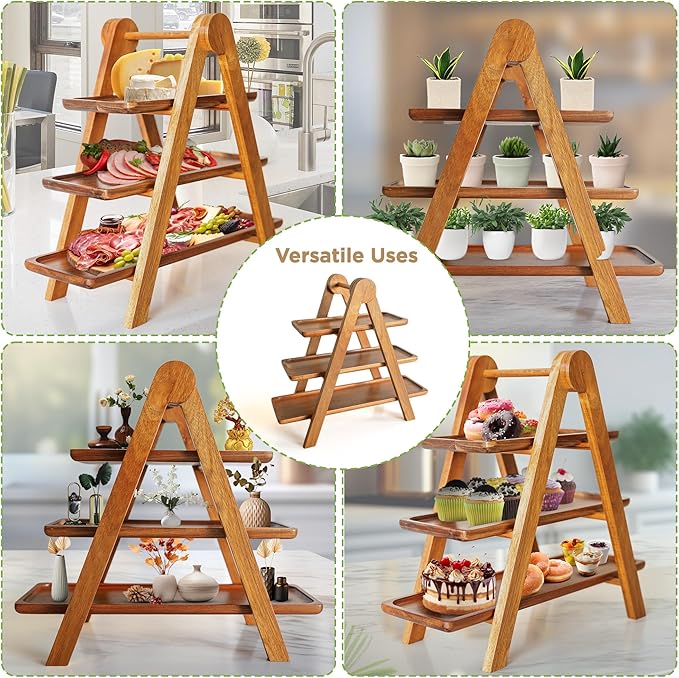 MAJURI 3 Tier Wooden Serving Tray, Set of 2 Tongs Free, Tiered Serving Trays & Platters for Party, Wedding, Picnic, Your Perfect Elevated Charcuterie Stand and for 3 Tiered Dessert Stand Lovers-Ruum Studio Home