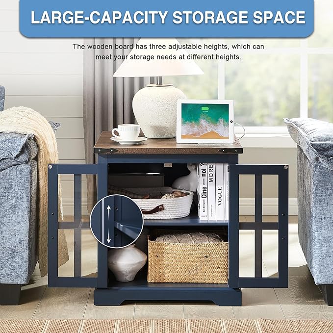 Farmhouse End Table with Charging Station,24" Large Sofa Side Table with Glass Barn Door, Rustic Wood Nightstand Bedside Table with Adjustable Storage Shelf for Living Room, Bedroom, Blue-Ruum Studio Home