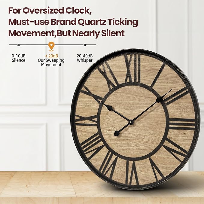 Large Wall Clock for Living Room Decor, Non Ticking Silent, Battery Operated Modern Vintage Wood Oversized Decorative Wall Clock for Bedroom Kitchen Farmhouse Office Decor-Ruum Studio Home