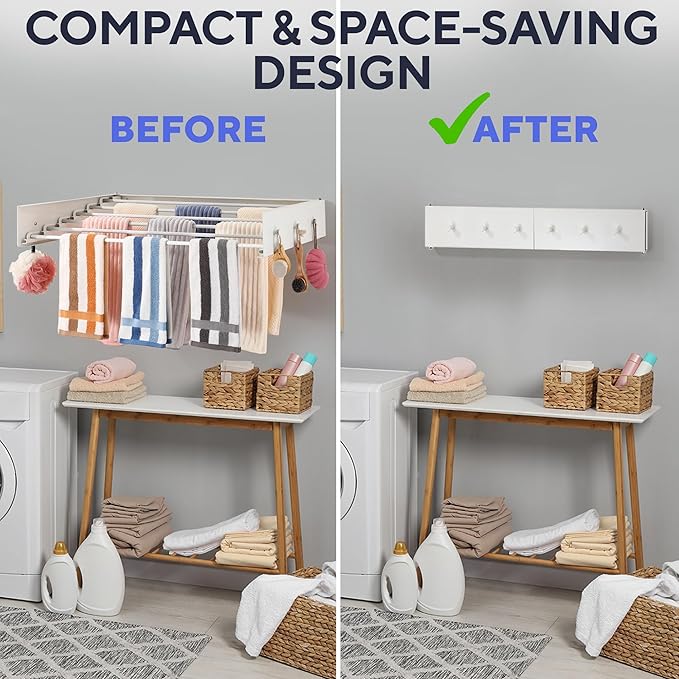 Foldable Wall Mounted Drying Rack 40 inch - Easy to Install Hanging Rack for Laundry Room - Space Saving Design with 66-lb Capacity - Perfect Drying Racks for Clothes Towels & More-Ruum Studio Home