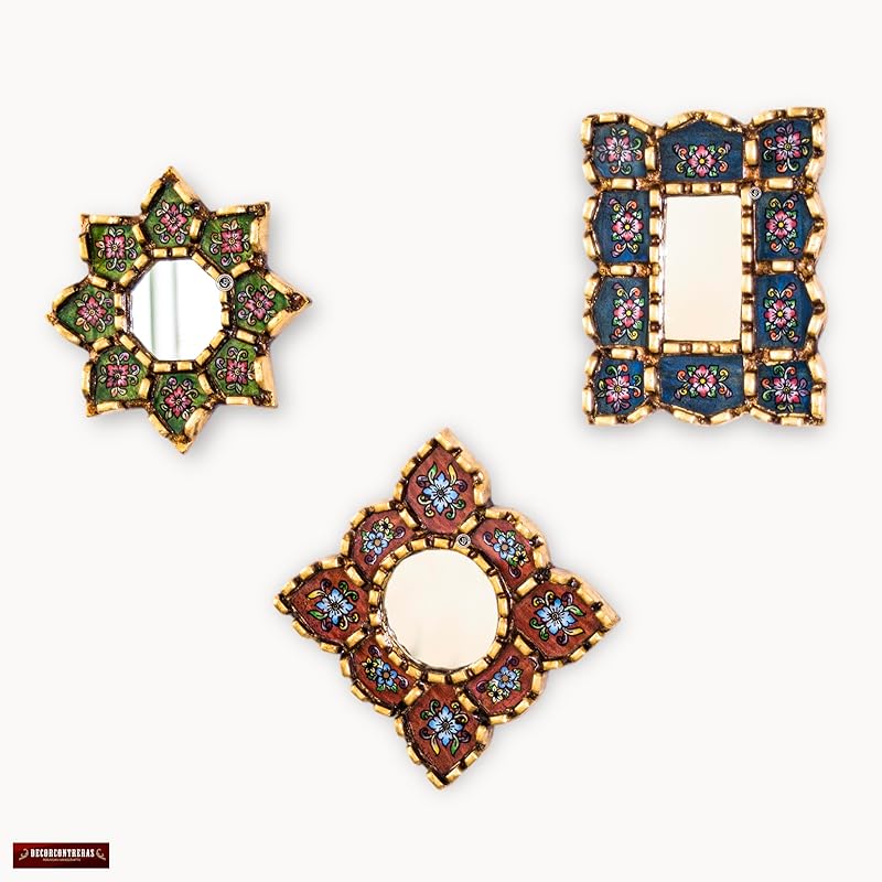 Small Decorative Wall Mirror set of 3 - Accent mirrors of 6in for wall decor, Peruvian Mirrors Vanity with bronze leaf-Ruum Studio Home