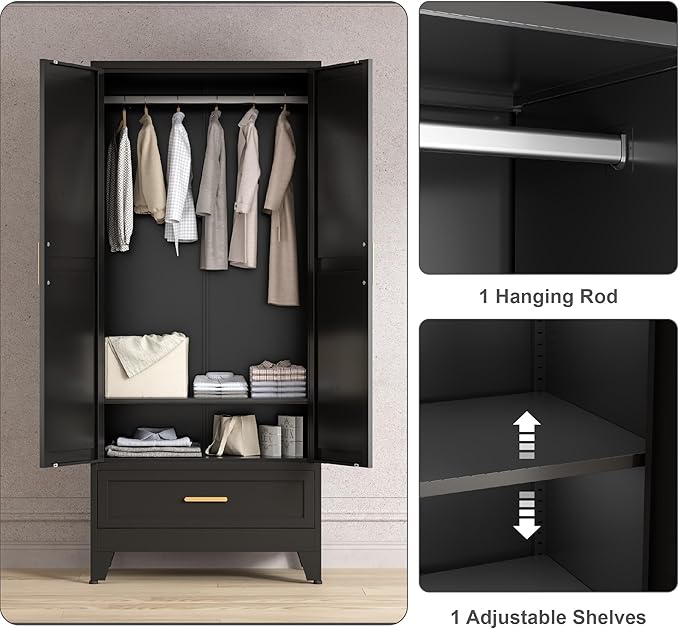 71'' Black Farmhouse Metal Wardrobe Cabinet with Hanging Rod, 2 Barn Door Wardrobe Closet with Adjustable Shelves,Drawer,for Dining Room,Bedroom,Living Room, Cloak Room,Office-Ruum Studio Home