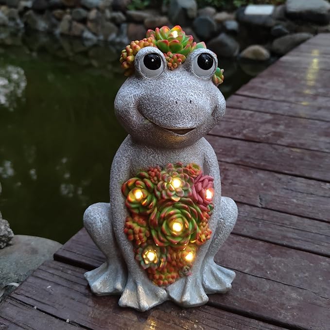 Large Frog Solar Garden Outdoor Statues with Succulent and 8 LED Lights,Outside Solar Frog Art Decor for Lawn,Yard, Balcony Ornament-Ruum Studio Home