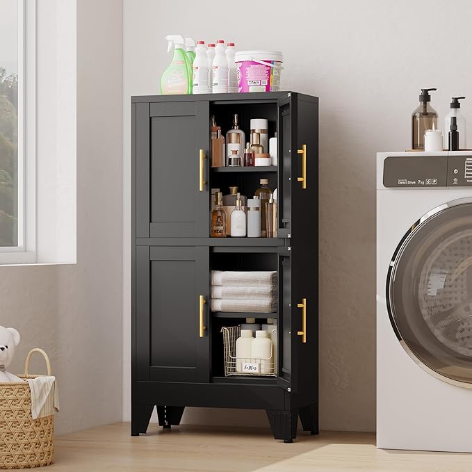 47.25" Metal Storage Cabinet, Black Kitchen Food Storage with 4 Door and 2 Adjustable Shelves, Freestanding Bathroom Cabinet, Pantry for Kitchen Dinning Room, Cupboard-Ruum Studio Home