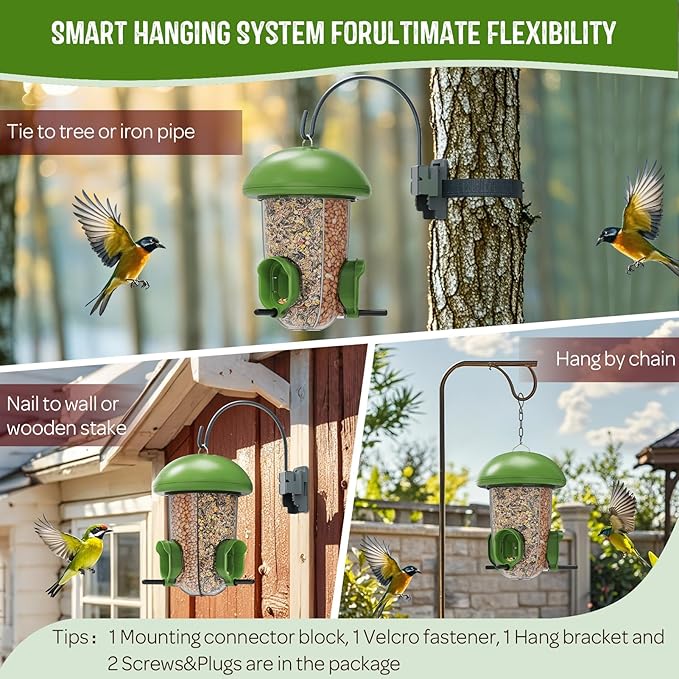 LONA Bird Feeders for Outdoors Hanging – 3 Separate Compartments, 3 Feeding Ports, Weatherproof Dome & 3 Ways to Hang, Large Capacity for Cardinals/Finches (Green，Plus-Ruum Studio Home